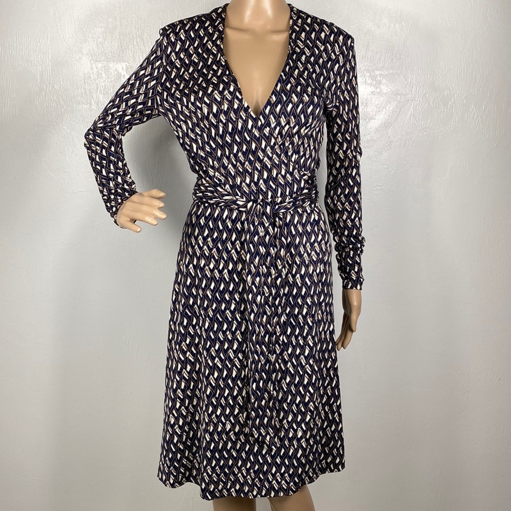 Diane Von Furstenberg Navy and Cream Long Sleeve Wrap Dress